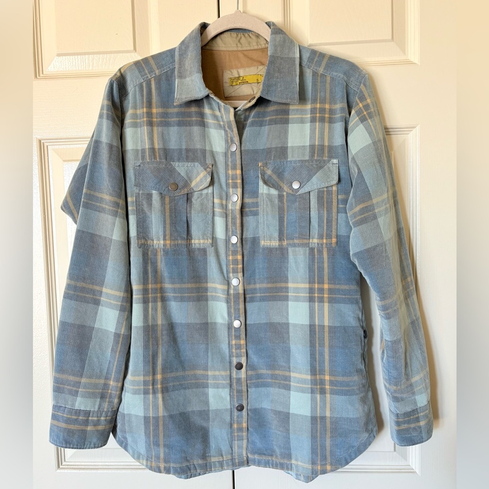 Women’s Prana Long Sleeved Shirt, Sage Green and Gold/Tan Plaid Pattern (Sz. S)
